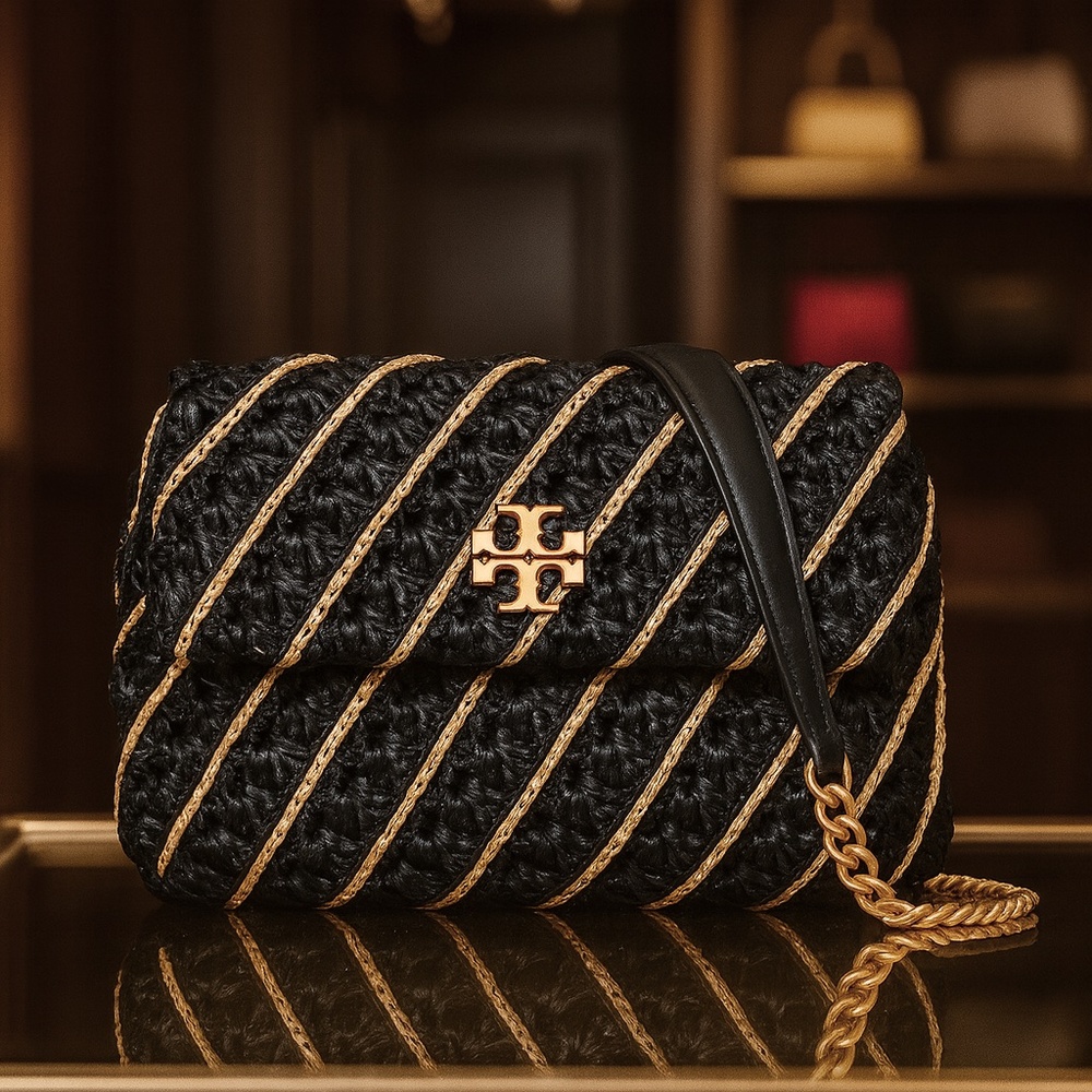 NEW Tory Burch Black/Natural Kira Crochet Raffia Small Convertible Shoulder Bag